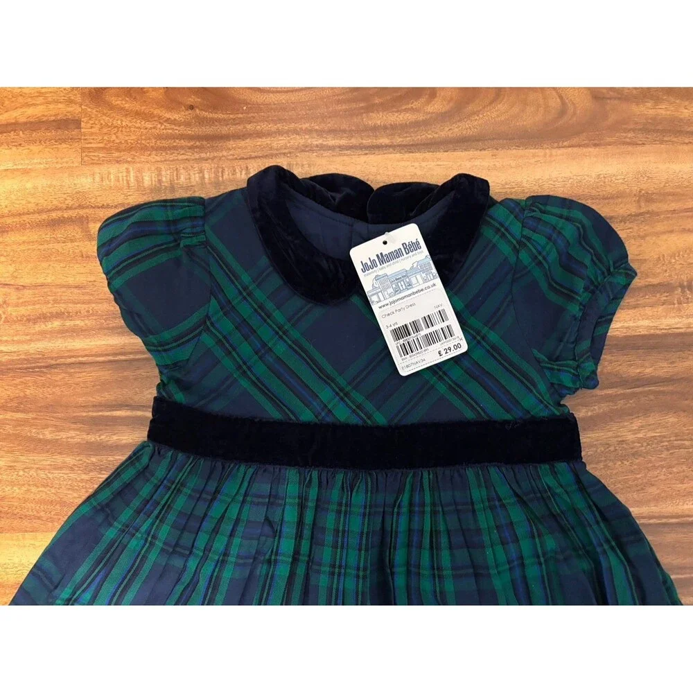 NWT Jojo Maman Bébé Plaid Holiday Dress, green and navy, size 3-4